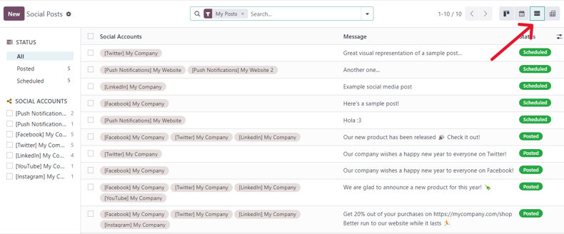 View of the list option on the posts page in Odoo Social Marketing.