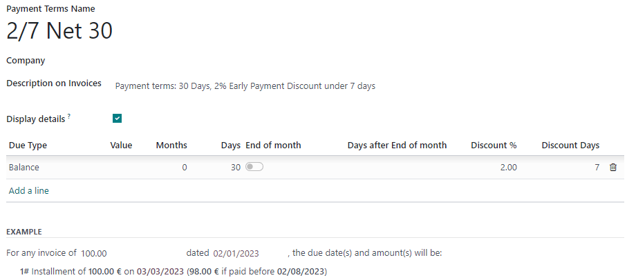 Configuration of payment terms named "2/7 Net 30". The field "Description on Invoices" reads: "Payment terms: 30 Days, 2% Early Payment Discount under 7 days".
