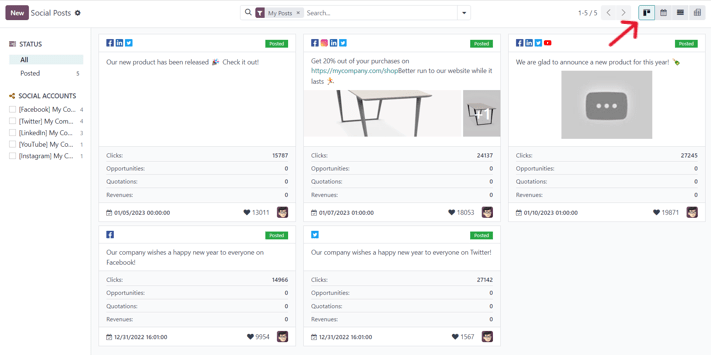 Kanban view of the posts page in the Odoo Social Marketing application.