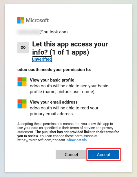 接受微软的条件以获得访问您的账户信息的权限。