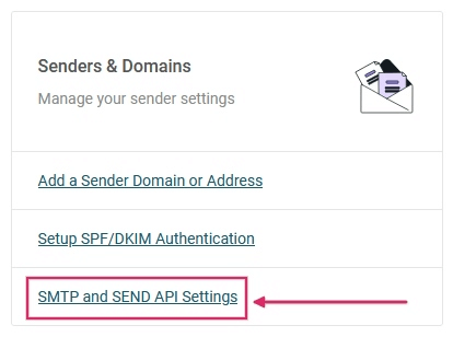 在Mailjet的发件人和域名部分中，可以找到SMTP和发送API设置链接。