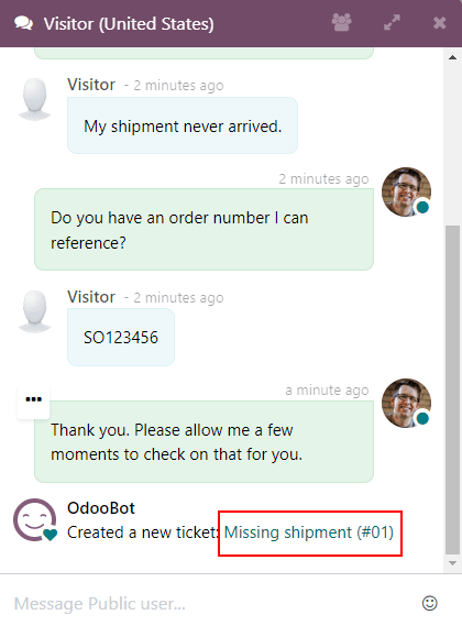在Odoo Live Chat中创建的帮助台工单的聊天窗口视图。