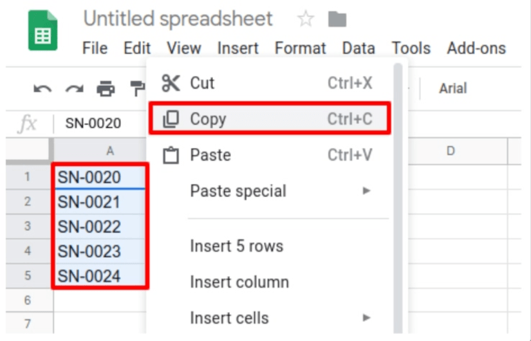 在Excel电子表格中复制的序列号列表。