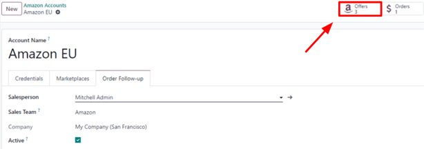 Odoo 销售模块中账户表单上的 Amazon 优惠智能按钮。