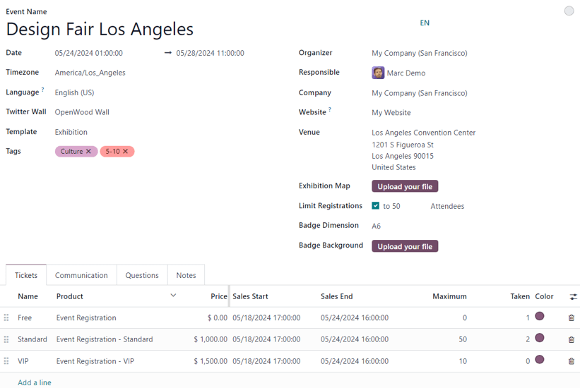 Odoo 活动应用中的典型活动模板。