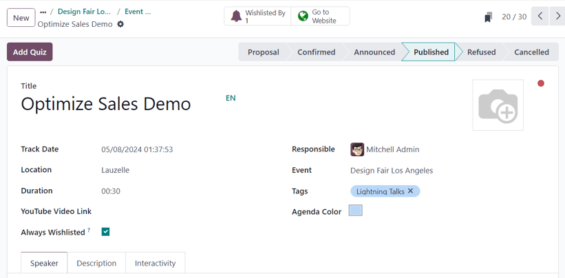 Odoo 活动应用中的典型活动轨道表单。