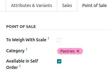 产品表单的 Point of Sale 标签页,用于添加 PoS 产品类别