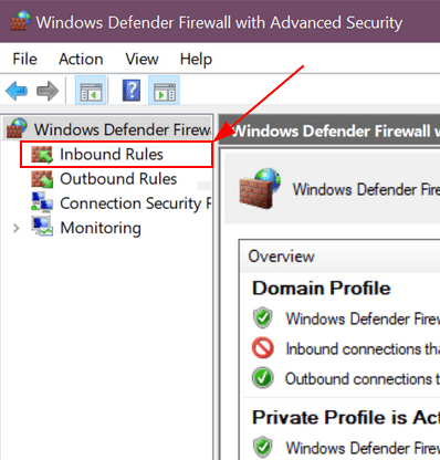 Windows Defender 左侧窗格,入站规则菜单项高亮显示。