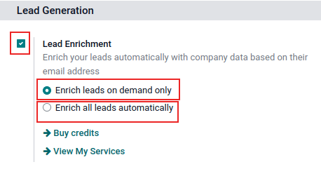 CRM 潜在客户生成设置页面,突出显示了潜在客户丰富功能的激活,并选择了仅在需要时丰富 潜在客户。