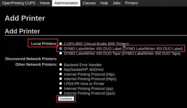 在 OpenPrinting CUPS 上添加打印机屏幕,并高亮显示 DYMO LabelWriter 450 DUO 标签。