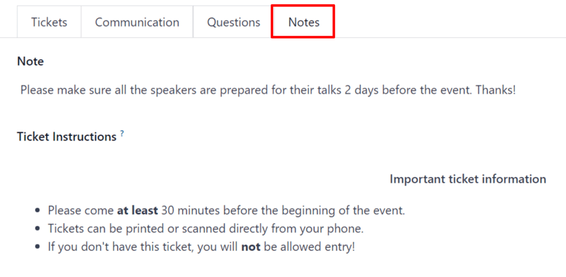 Odoo Events 应用程序中活动表单上的典型备注选项卡。
