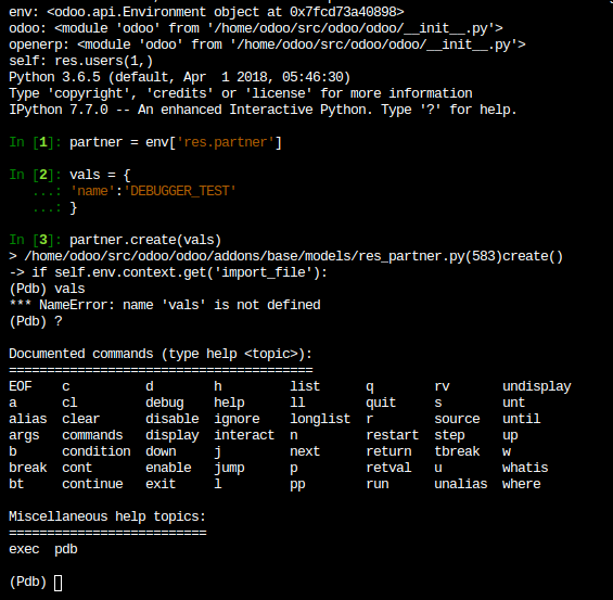 在Odoo.sh shell中运行 ``pdb`` 的控制台截图。