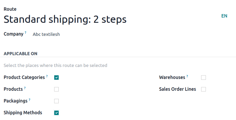 选中了 Shipping Methods 复选框的 Routes 表单。