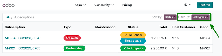 Odoo.com门户订阅按“进行中”筛选。