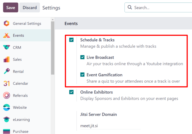 Odoo Events 应用中的日程安排和轨道设置,以及相应的选项。
